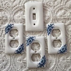 Vintage White Ceramic Outlet and Switch Plate Covers with Blue Floral Accents x3